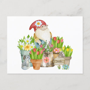 Carte Postale Gnome de jardin avec fleurs et chats