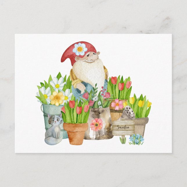 Carte Postale Gnome de jardin avec fleurs et chats (Devant)
