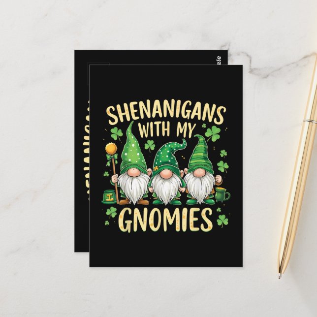 Carte Postale Gnome de la Fête de la Saint-Patrick Chanceux Trèf (Devant/Arrière en situation)