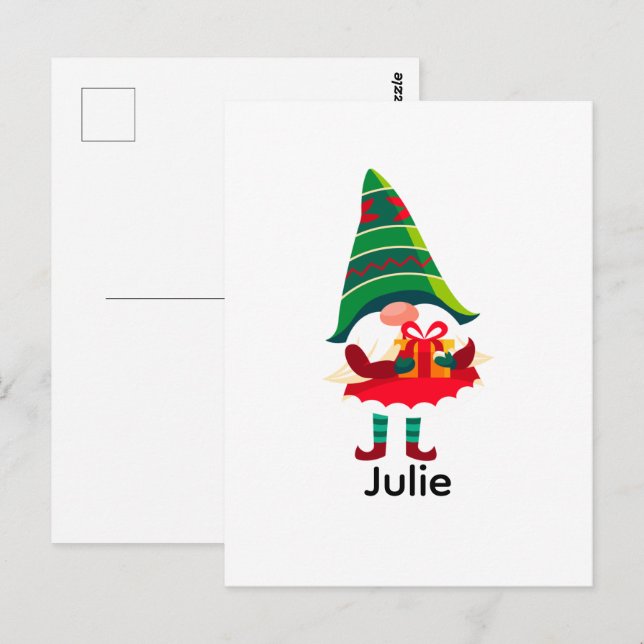 Carte Postale Gnome de Noël personnalisée tenant une boîte cadea (Devant / Derrière)