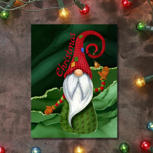 Carte Postale Gnome de Noël Rouge et Vert Gemstone Rustique Glam (Créateur téléchargé)