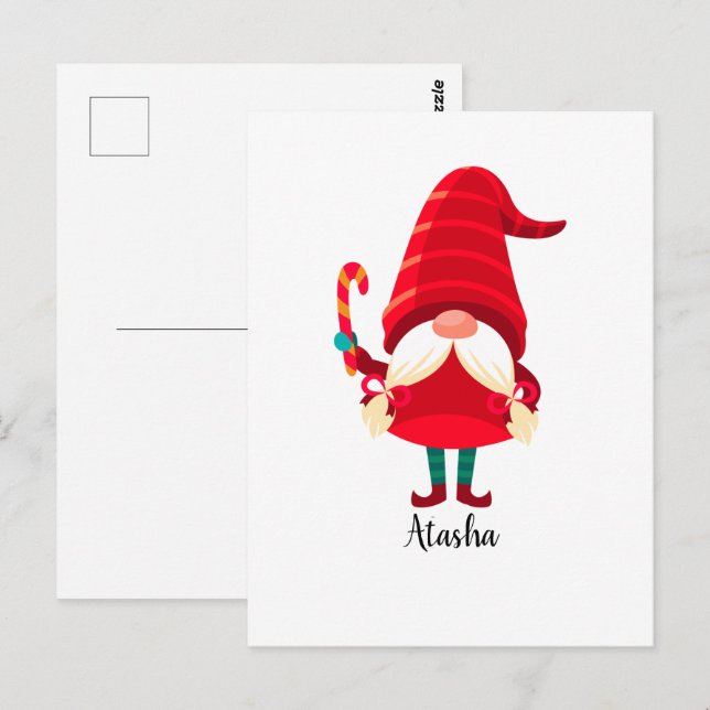 Carte Postale Gnome De Noël Tenant Un Sucre de canne (Devant / Derrière)