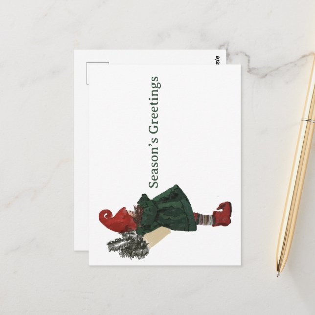 Carte postale Gnome de Noël Whimsical - Salutation (Devant/Arrière en situation)