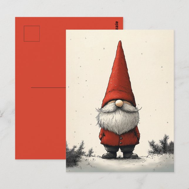 Carte Postale Gnome d'hiver joyeux en Casquette rouge (Devant / Derrière)