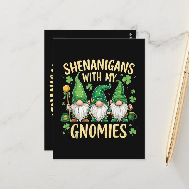 Carte Postale Gnome du trèfle chanceux de la Saint-Patrick (Devant/Arrière en situation)