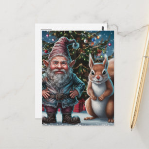 Carte Postale Gnome et Écureuil de Noël Grincheux Festif