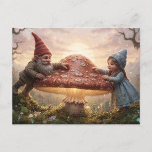 Carte Postale Gnome Magique Et Fille Dans La Forêt Avec Champign