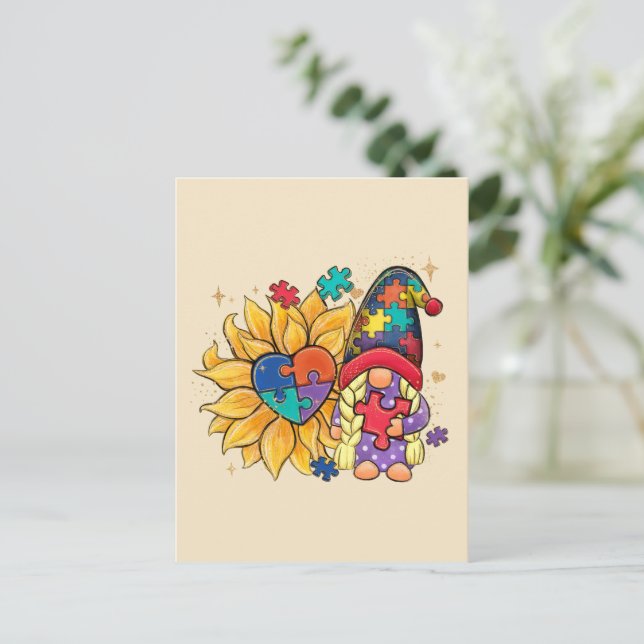 Carte Postale Gnome mignonne, tournesol et Sensibilisation sur l (Debout devant)