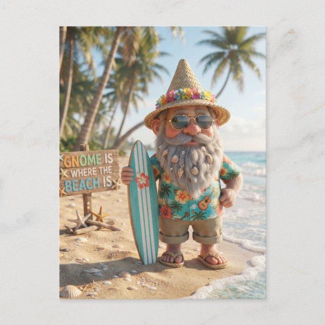 Carte Postale Gnome surfeur sur une plage tropicale avec planche (Devant)