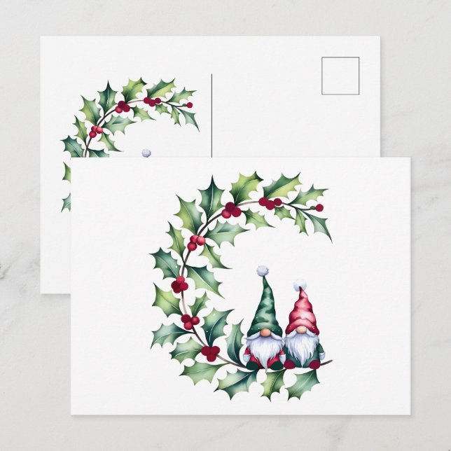 Carte Postale Gnomes de Noël sur Holly Berry Twig (Devant / Derrière)