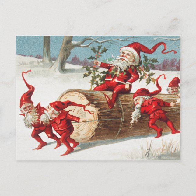 Carte Postale Gnomes dragging a cut tree trunk through the snow (Devant)