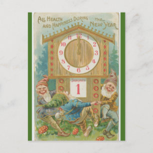 Carte Postale Gnomes Vintage Autour d'une Horloge Bonne Année