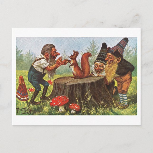 Carte postale Gnomes vintages et écureuil (Devant)
