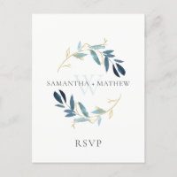 GOLD BLUE FOLIAGE WATERCOLOR WREATING MARIAGE RSVP