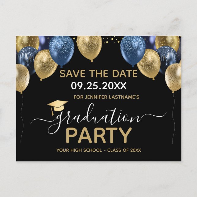 Carte Postale Gold Blue Graduation Party Enregistrer la date Car (Devant)