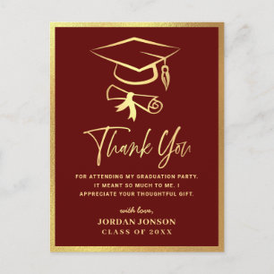 Carte Postale Gold Burgundy Modern Graduation Party Merci