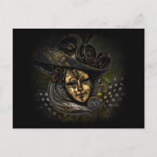 Carte Postale Gold carnival mask with blue hat and feathers
