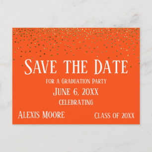 Carte Postale Gold Confetti Orange Graduation Enregistrer la dat