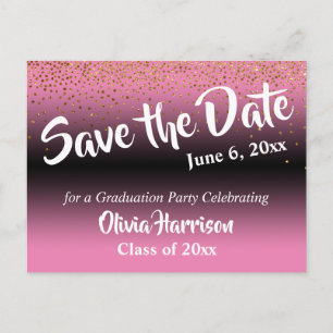 Carte Postale Gold Confetti Pink Graduation Enregistrer la date