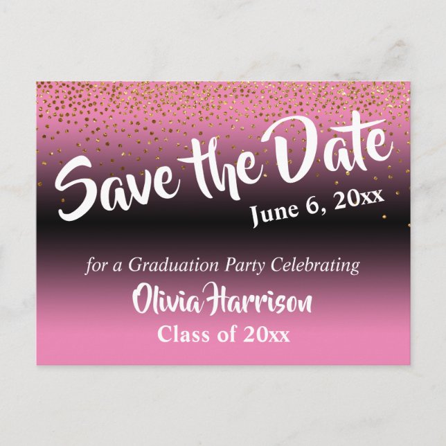 Carte Postale Gold Confetti Pink Graduation Enregistrer la date (Devant)