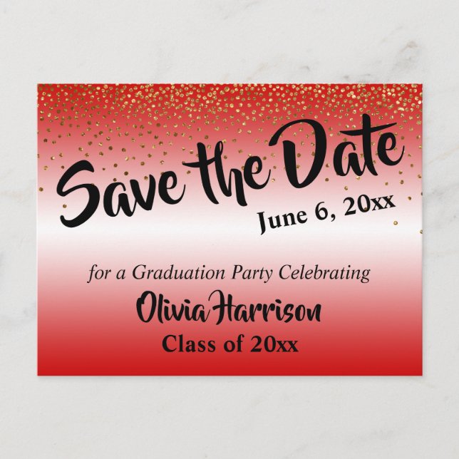 Carte Postale Gold Confetti Red Graduation Enregistrer la date (Devant)