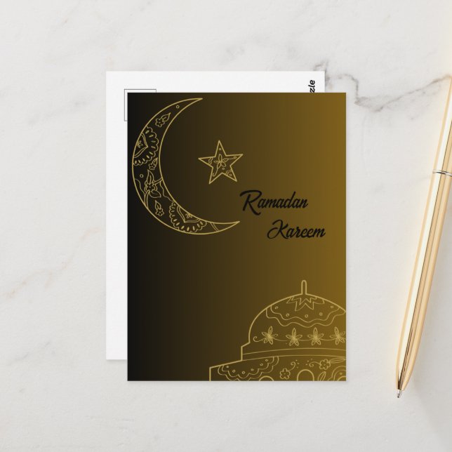 Carte Postale Gold et Black Happy Ramadan Kareem 2024 (Devant/Arrière en situation)