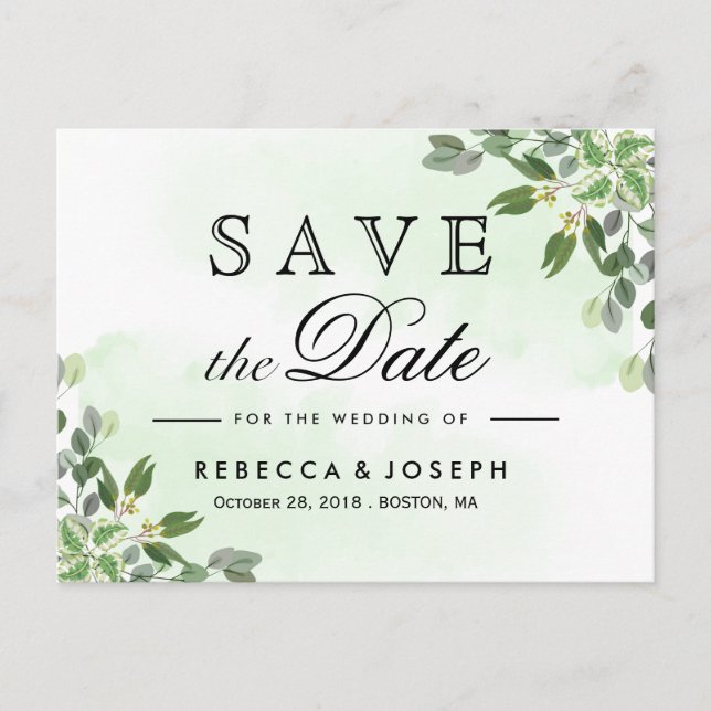Carte Postale Gold Eucalyptus Green Wedding Enregistrer la date (Devant)