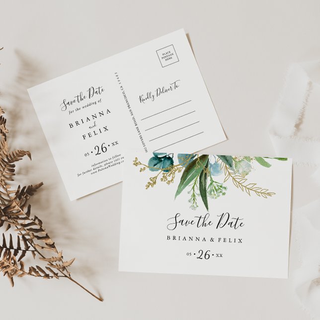 Carte Postale Gold Floral Tropical Horizontal Enregistrer la dat (Créateur téléchargé)