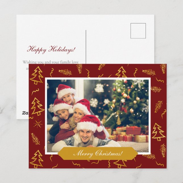 Carte Postale Gold Foil Arbre de Noël Motif Red Holiday Photo (Devant / Derrière)