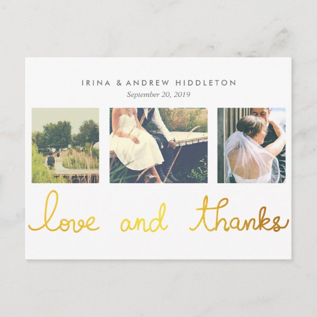 Carte Postale Gold Foil Love Et Merci Script Trois Photos (Devant)