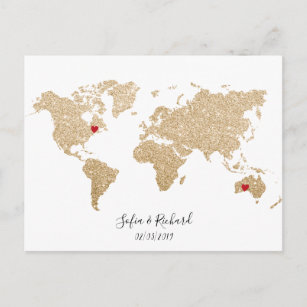 Carte Postale Gold Foil World Map avec des coeurs amovibles coup