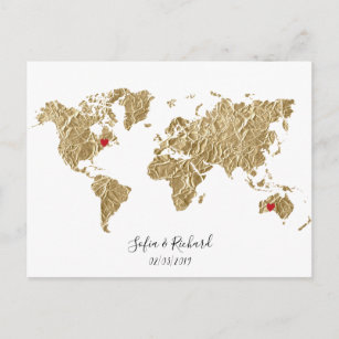 Carte Postale Gold Foil World Map avec des coeurs amovibles coup