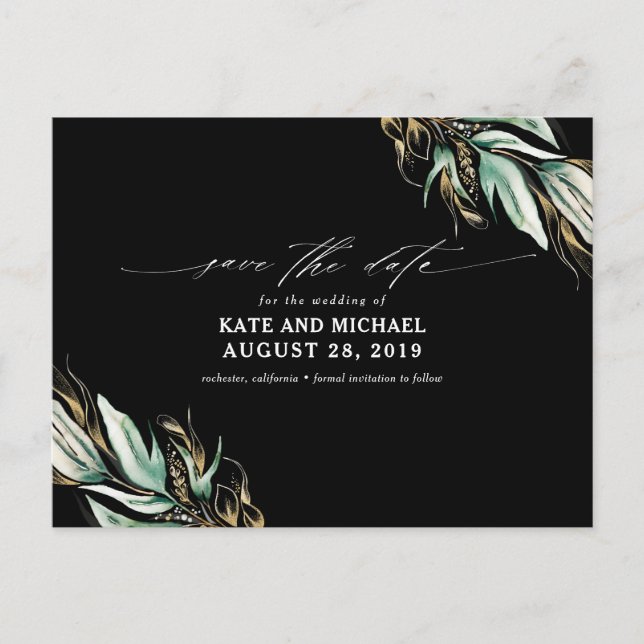 Carte Postale Gold Greenery Black Fall Enregistrer la date (Devant)