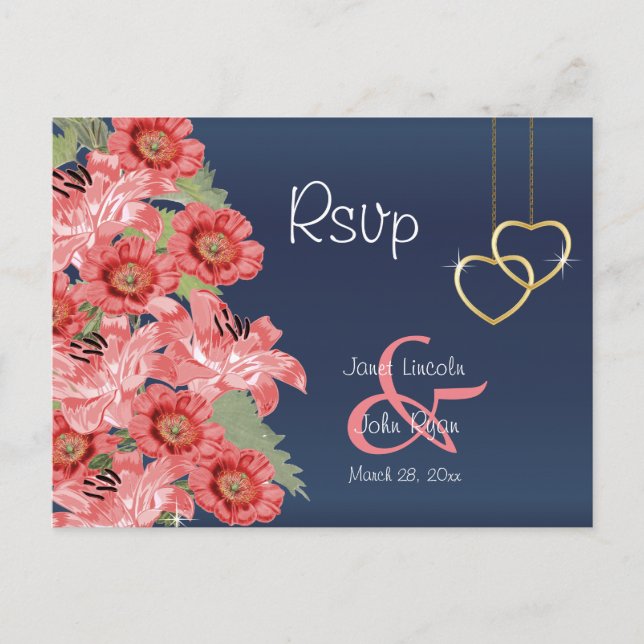 Carte Postale Gold Heart and Coral Flowers - RSVP (Devant)