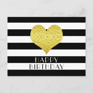 Carte Postale Gold Heart Black White Stripes Joyeux anniversaire