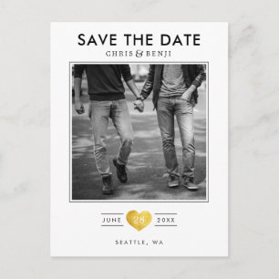 Carte Postale Gold Heart LGBTQ Enregistrer la date avec la photo