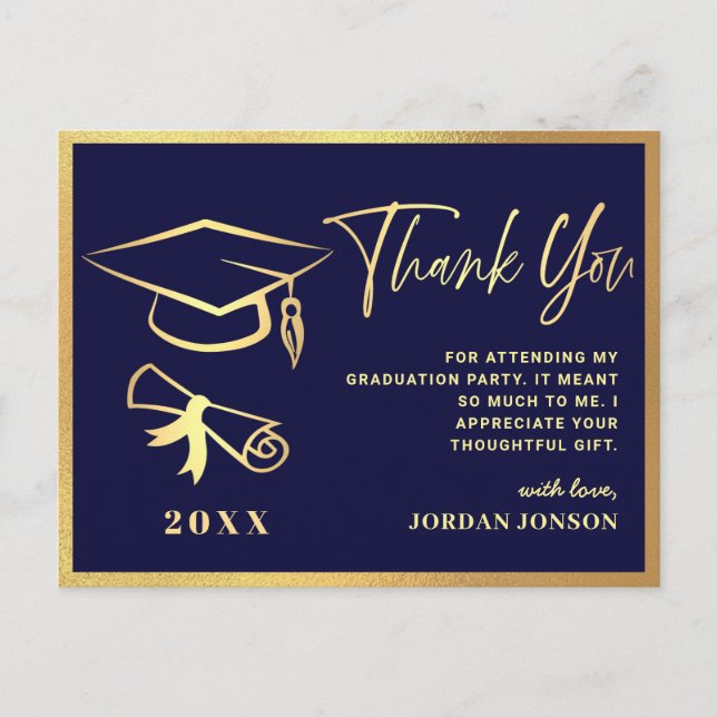 Carte Postale Gold Navy Blue Modern Graduation Party Merci (Devant)