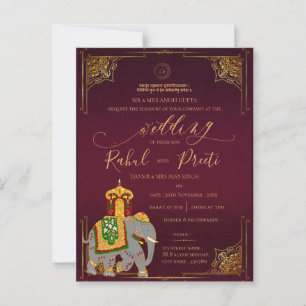 Carte Postale Gold Red Lord Ganesh Faire-part de mariage indienn