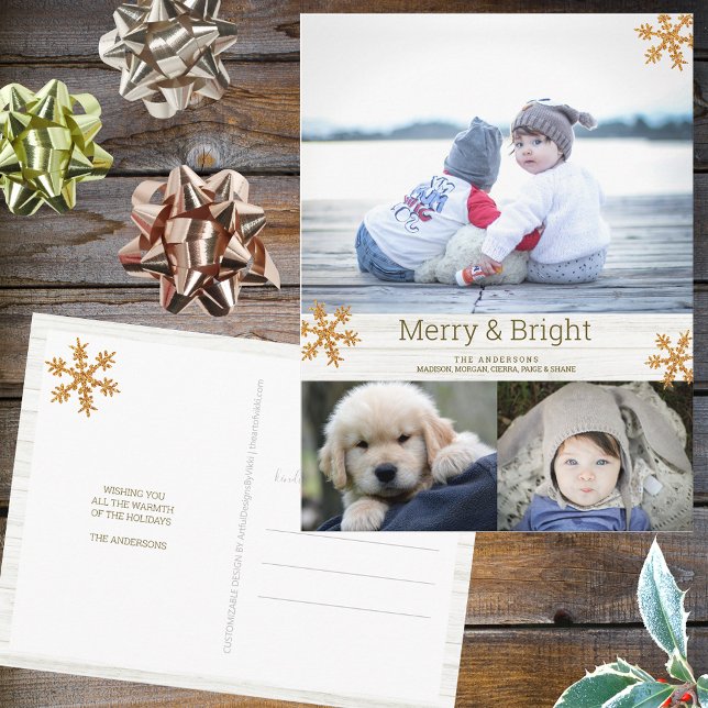 Carte Postale Gold Snowflake 3 Photo Collage Holiday (Personalize this 3 photo Christmas postcard with your name, pictures and custom holiday greeting.)