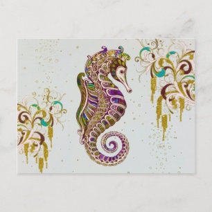 Carte Postale Gold Summer Rainbow Seahorse Parties scintillant