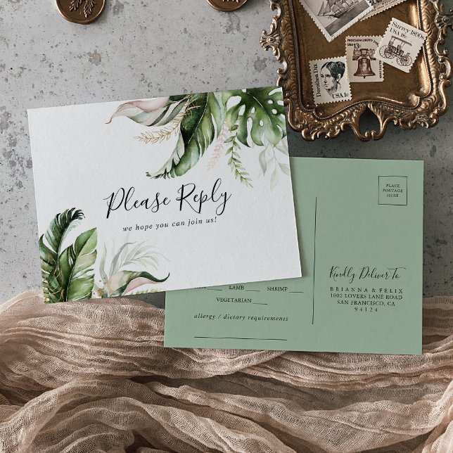 Carte postale Gold Tropical Green Menu Choice RSVP (Créateur téléchargé)