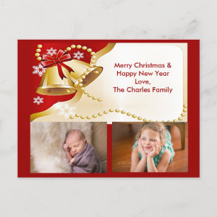 Carte postale Gold XMas cloches, perles et flocons