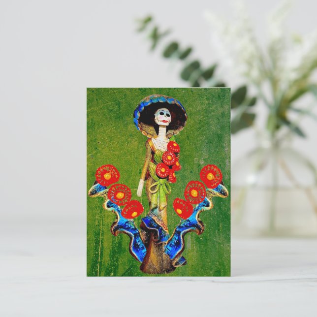 Carte Postale Golden Blue Antique Catrina sur Green Washed Boho (Debout devant)