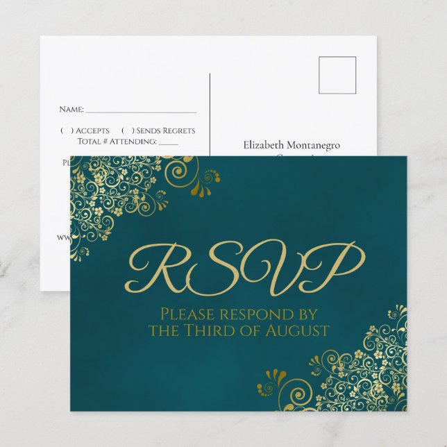Carte Postale Golden Curls & Swirls on Teal Wedding RSVP (Devant / Derrière)