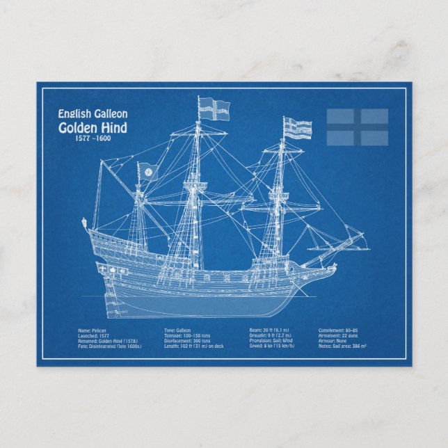 Carte Postale Golden Hind - Plan directeur des navires ABD (Devant)