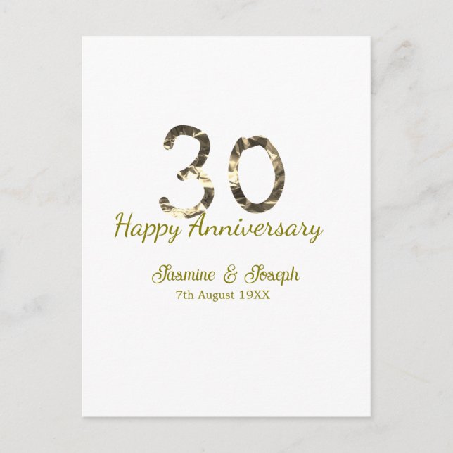 Carte Postale Golden Metallic 30th Happy anniversary add name (Devant)