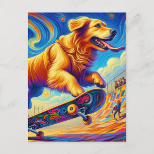 Carte Postale Golden Retriever Coloré en Skateboard 