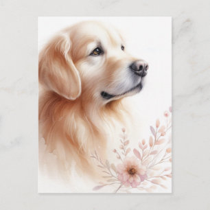 Carte Postale Golden Retriever Floral Aquarelle Portrait