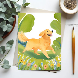 Carte Postale Golden Retriever heureux   Peinture à l'aquarelle 