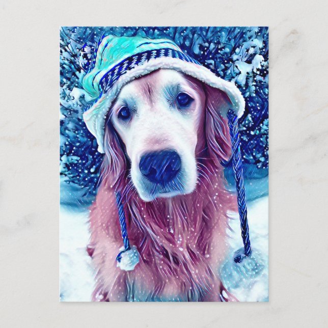 Carte Postale Golden Retriever Vibrant Bleu Hiver Souhaits Art (Devant)